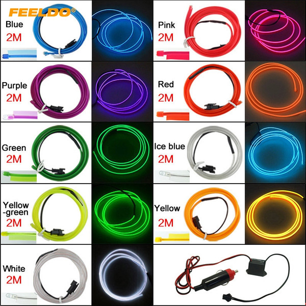 FEELDO 2M Car Decoration Flexible Moulding EL Neon Glow Lighting Rope Strip With Fin And Cigar Lighter 9-color #3991