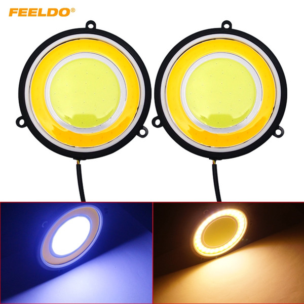 FEELDO Car COB DRL Round 82mm LED Light Car Daytime Running Light White Yellow Turn Light DRL #939