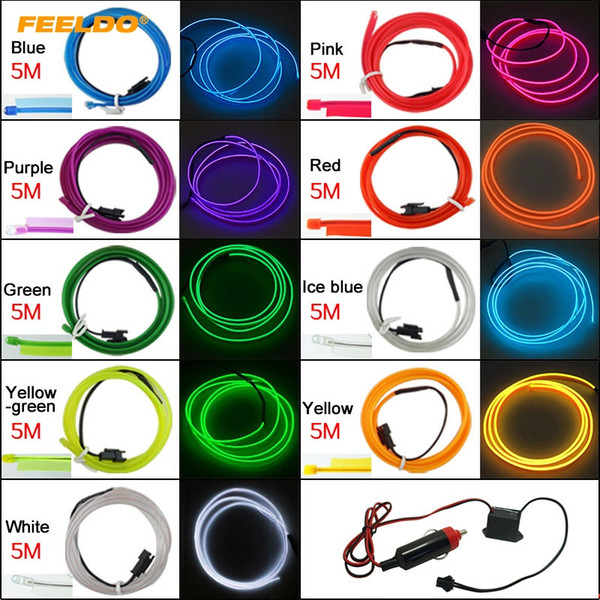 FEELDO 5M Car Decoration Flexible Moulding EL Neon Glow Lighting Rope Strip With Fin And Cigar Lighter 9-color #3596