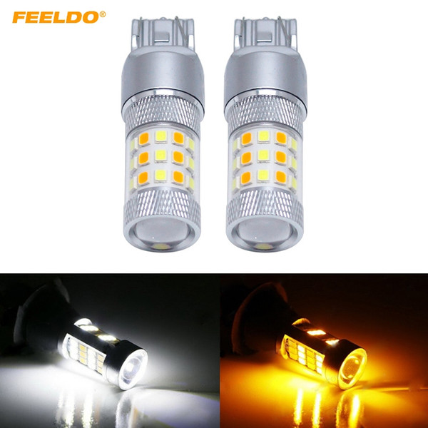 FEELDO 2PCS Xenon White/Amber No Hyper Flash 7443 2835 Chip 42SMD Switchback LED Bulbs For Front Turn Signal Lights #5313