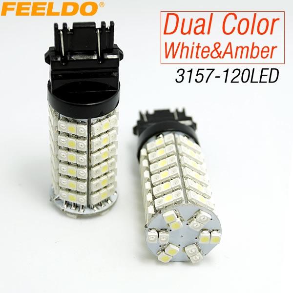 FEELDO 2PCS 120SMD-1210 T25/3157/3057/3457/4157 White/Amber Yellow Dual Color LED Turn Signal Light Bulbs #4006