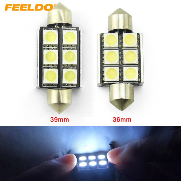 FEELDO 50PCS White 36mm 39mm No Error Canbus 6-LED 5050SMD Car Reading Light Festoon Dome LED Light Bulbs #2626