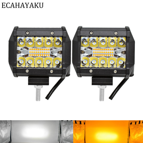 2 Pieces ECAHAYAKU Tri-Row 4 inch LED Light Bar White Yellow Strobe Flashing 6 modes for Off-road SUV Boat Jeep Hummer Prado ATV