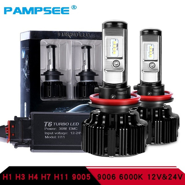 PAMPSEE T6 Turbo Led Headlight H7 H4 led Headlight Bulb Turbo Decoder H1 9005 9006 Hi/Lo Beam CSP Chip 12V 30W 6000K