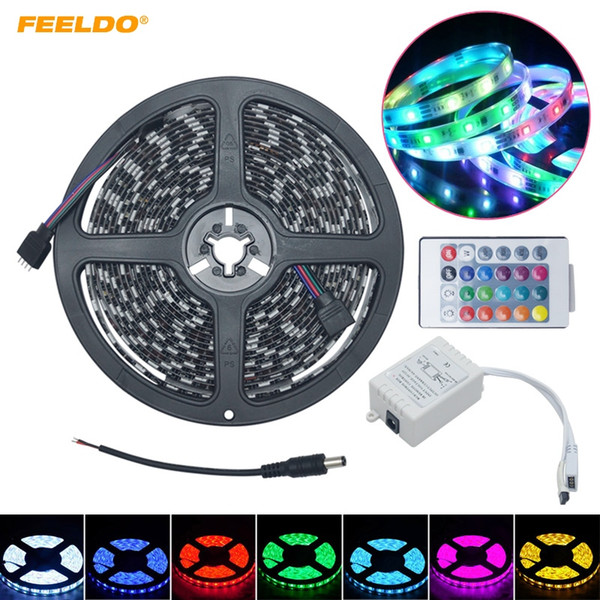 FEELDO 500CM 5m 5050SMD 300LED Waterproof Car RGB LED Strip light Strip + 24 Key IR Remote #912