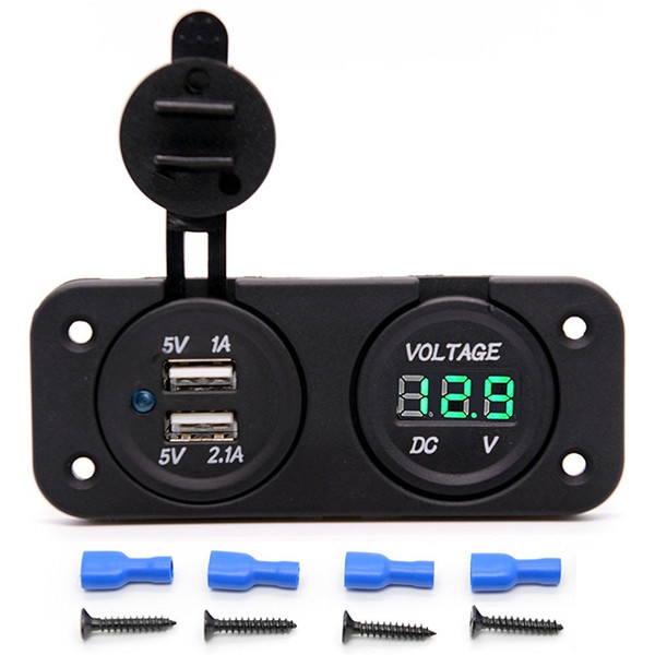 Waterproof Dual USB Charger Adapter 2.1A/1.0A + 12V-24V LED Voltmeter Panel for Motorcycle Car Boat Marine carvan-Blue Green Red