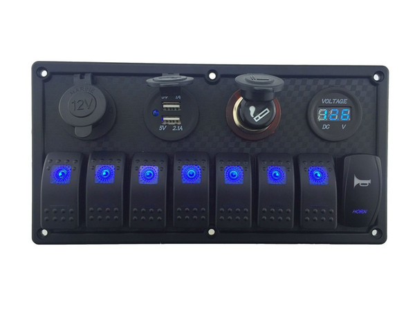 12V-24V DC 8 gang Waterproof marine blue led switch panel with double led power socket Cigarette Lighter horn switch and 4.2A USB voltmeter