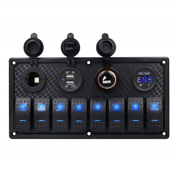 Switch Panel 8 Gang Waterproof Toggle Switches with Digital Voltage Display 3.1A Double USB Power Cigarette Lighter Socket