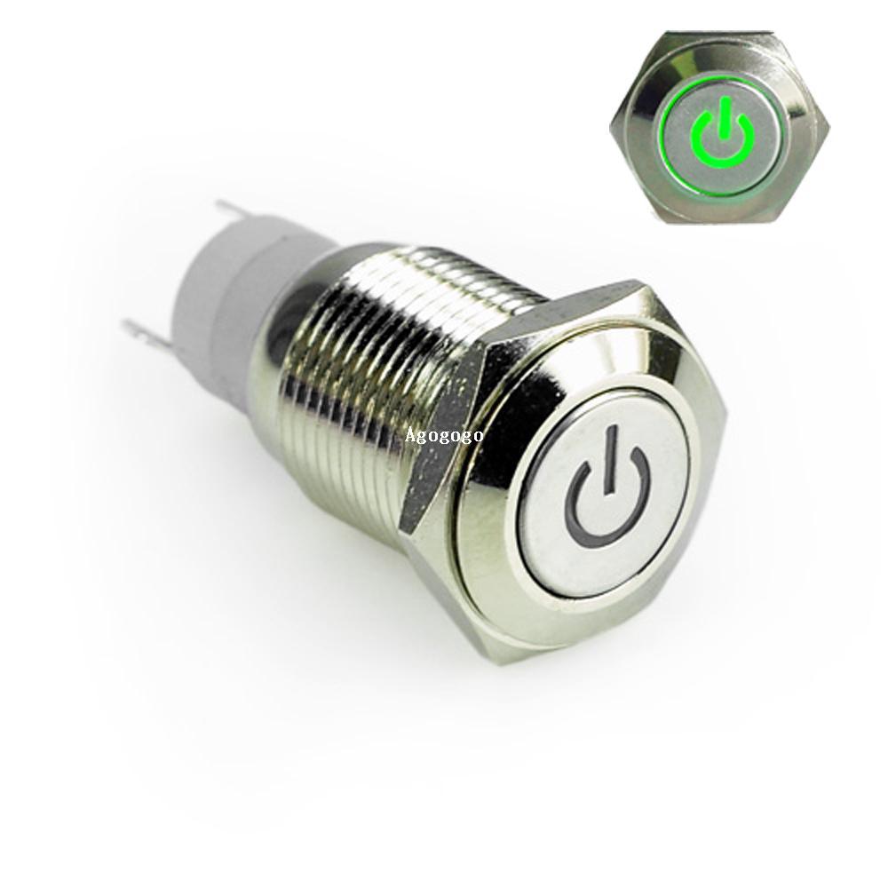 Car Motorcycle 12V Power Green LED Lighted Latching Push Button Metal Switch 16mm On/Off on off New