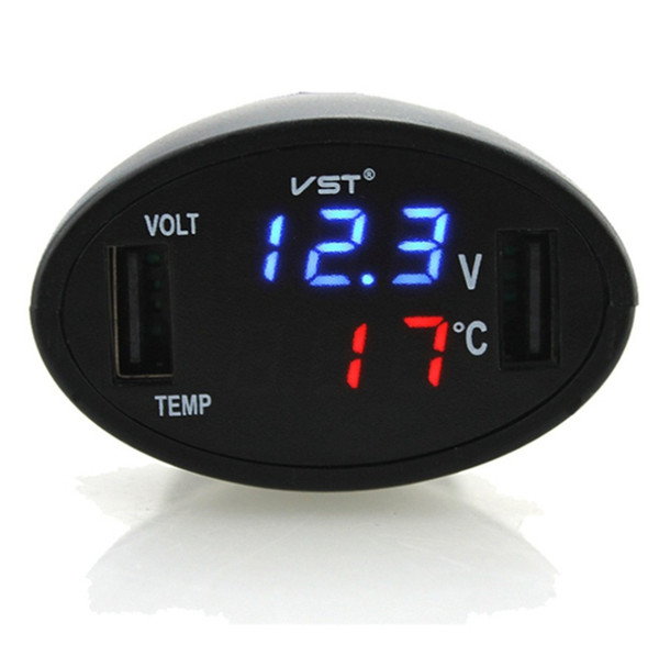 New black mobile phone charger in-line car charger 3-in-1 blue red voltmeter thermometer dual USB,UBS socket charging