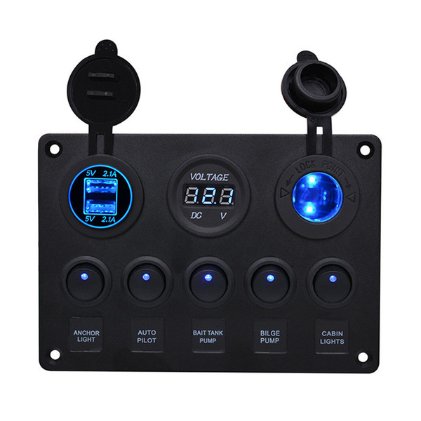 Switch Panel 5 Gang Waterproof Toggle Switches with Digital Voltage Display 3.1A Double USB Power Charger Adapter 12V Cigarette Lighter