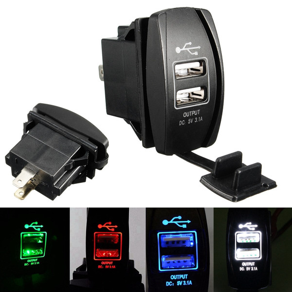 3.1A 12-24V LED Backlit Rocker Switch Dual USB Charger Car Truck Boat UTV ATV Rocker Switch Panel Red Green Blue White