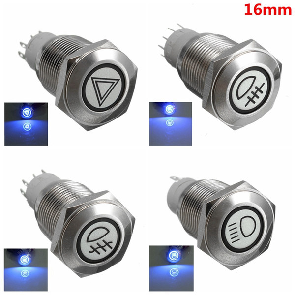 Car 16mm LED illuminated Self-locking Stainless Steel Water-Proof Flat Push Button LED Switch Hazzard Warning Rear Fog Light