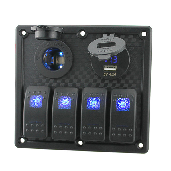 Freeshipping 12V-24V Waterproof 4-Gang Switch Panel Led Rocker Switch Panel Cigarette Lighter Socket Dual USB Port Voltmeter