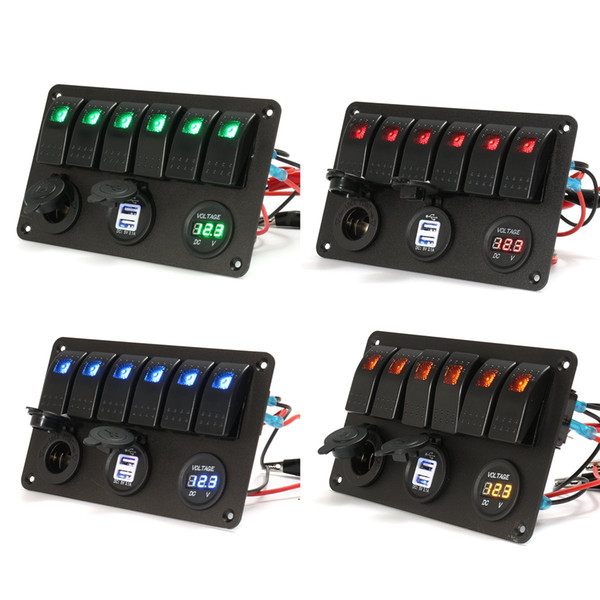 Freeshipping 6 Gang 5 Pin 12V 24V LED Rocker Switch Panel Circuit Breaker Charger Dual USB Socket Cigaretter Plug Voltmeter Car Auto Charger