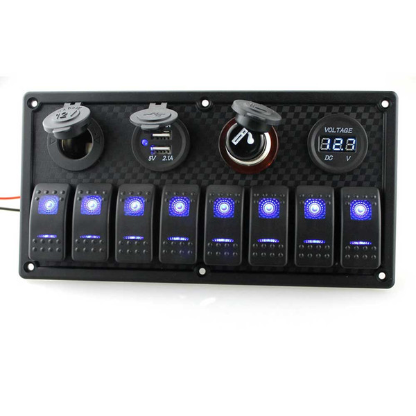 8 Gang Switch Panel Car Styling Waterproof 12V Car Auto Boat Marine Blue Led ON-OFF Rocket Switch Cigaretter Lighter Dual Charger Voltmeter