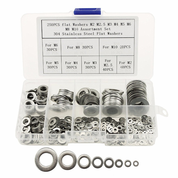 250 PCS car truck Stainless Steel Flat Washers Assortment Kit For M2 M2.5 M3 M4 M5 M6 M8 M10 screws bolt