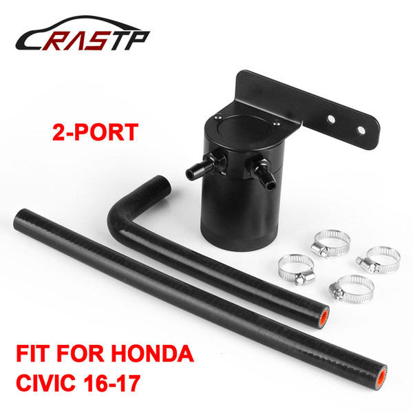 RASTP - 2-Port Oil Catch Can Tank / Air-Oil Separator Kit Fuel Tanks For Honda Civic 2016-2017 Black With Hose RS-OCC015