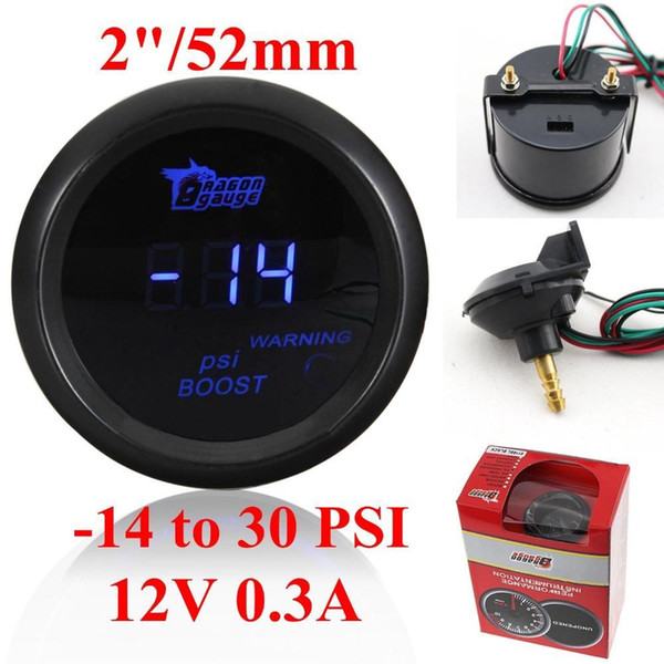 DRAGON GAUGE 52MM Boost Turbo Gauge Black Color Digital Blue Led -14-29PSI