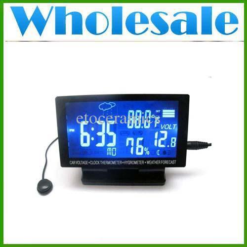 Wholesale Lots50 12V LCD Screen Digital Clock Car Voltage Thermometer Hygrometer Black Weather Forecast Top Free Shipping