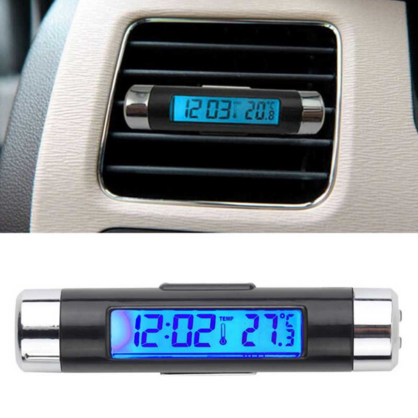 New 2in1 Car Auto LCD Clip-on Digital Temperature Thermometer Clock Calendar Automotive Blue Backlight Clock Free Shippin