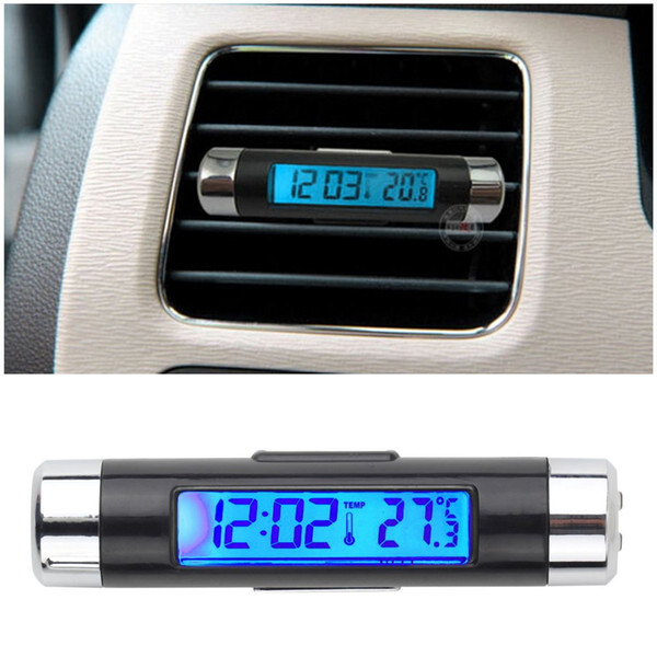 2 In 1 Car Vehicle LCD Digital Backlight Automotive Thermometer Clock Calendar Display Car Air Vent Outlet Clip-on Clock