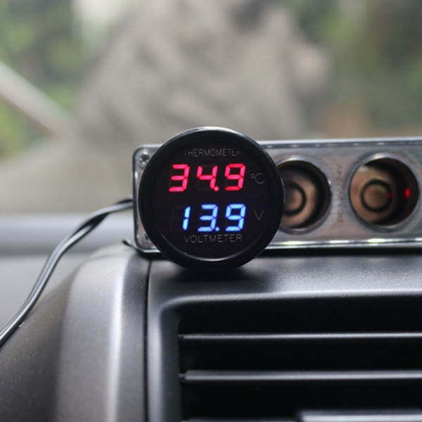 2 In 1 DC 12V 24V Digital Car Voltmeter Thermometer Temperature Meter Battery Monitor Red Blue Led Dual Display Free Shipping