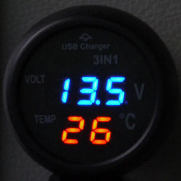 Three In One Multi-function Car Voltmeter, On-board Thermometer, USB Mobile Phone Charger