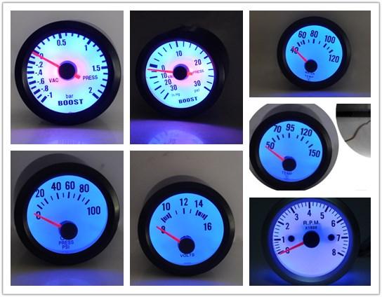 Universal Boost/Water Temp/Oil Temp/Oil Press/Voltage/Tachometer RPM Gauge 52mm Analog led Black Case With Blue LED