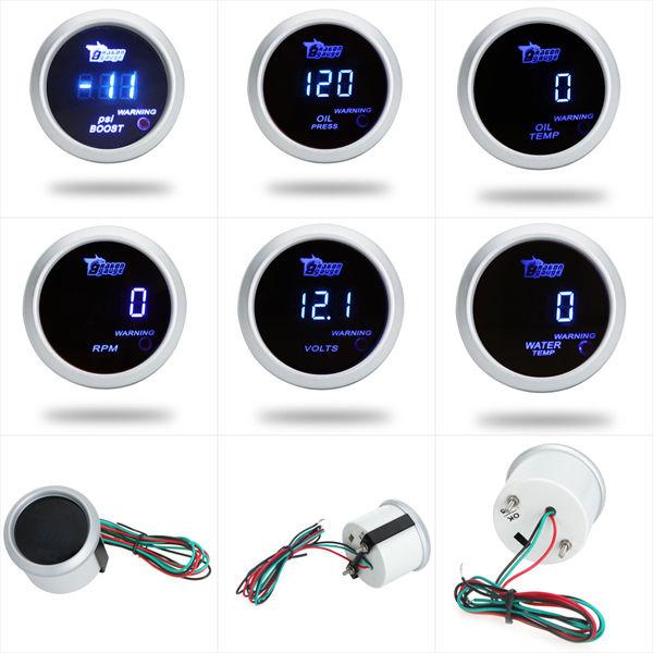 Universal Boost Gauge/Water Temp/Oil Temp/Oil Press/Voltage/Tachometer Gauge 52mm Digital Blue led White Case+ 52MM Gauge Pod Holders