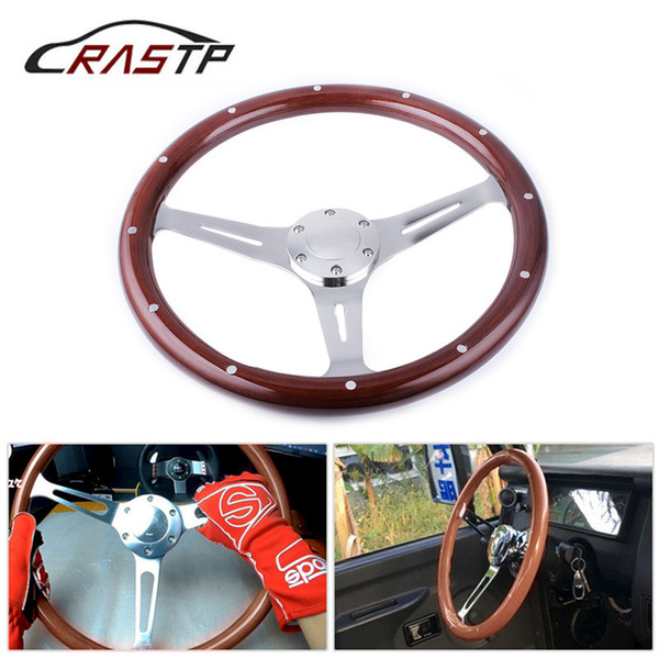 RASTP-Universal Classic Sport Style Real Wood Steering Wheel with Rivet 380mm 15inch Car Steering Wheel RS-STW015-B