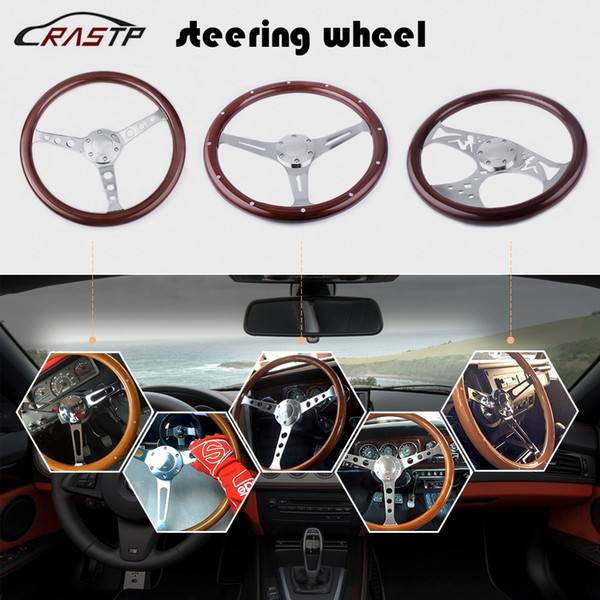 RASTP-15inch 380mm Steering Wheel Classic Sport Wooden Grain Silver Brushed Spoke Chrome Steering Wheel With Horn Button RS-STW015