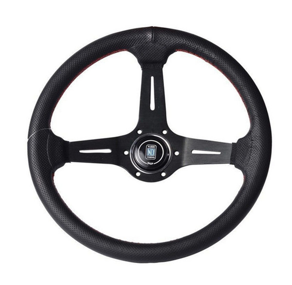 14 Inch 350mm ND Leather Steering Wheel Deep Black Aluminum Spoke Steering Wheels with Horn