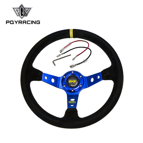 PQY RACING - Blue Steering wheel ID=14inch 350mm OMP Deep Corn Drifting Steering Wheel / Suede Leather Steering Wheels PQY-SW21B