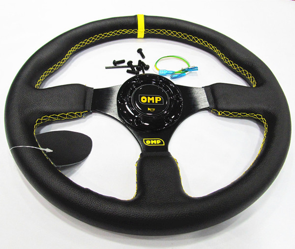 OMP Car Steering Wheel Flat Dish 330mm 13inch Real Leather Yellow Line Racing Sport Steering Wheel