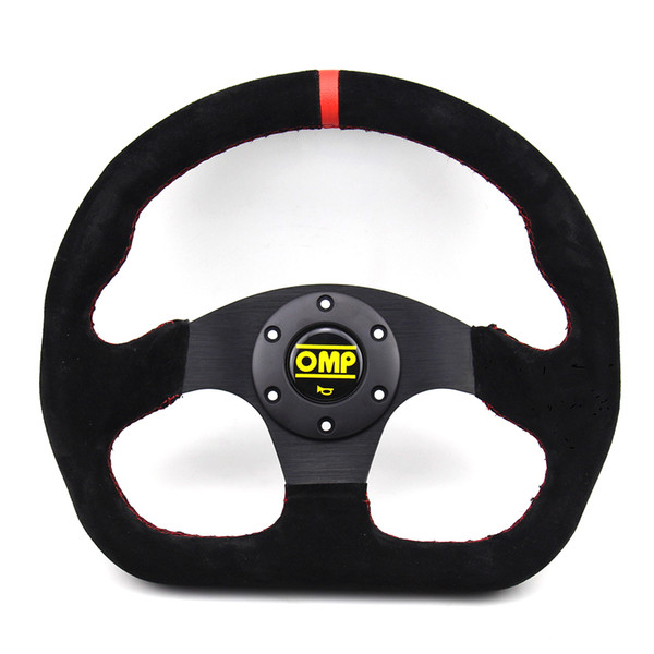 Black Suede Red Yellow Stiching 13inch 330mm D Type OMP Flat Bottom Racing Steering Wheel