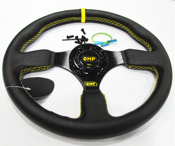 14'' Yellow Stitching Drift OMP Real Leather Racing Drift Sport Steering Wheel