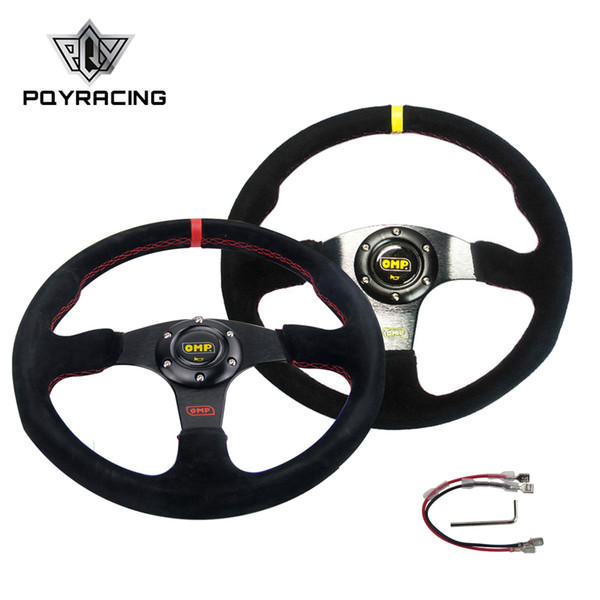 PQY RACING - NEW 14inch 350mm Suede Leather Flat Rack Corn Drifting Steering Wheel with black box PQY-SW71