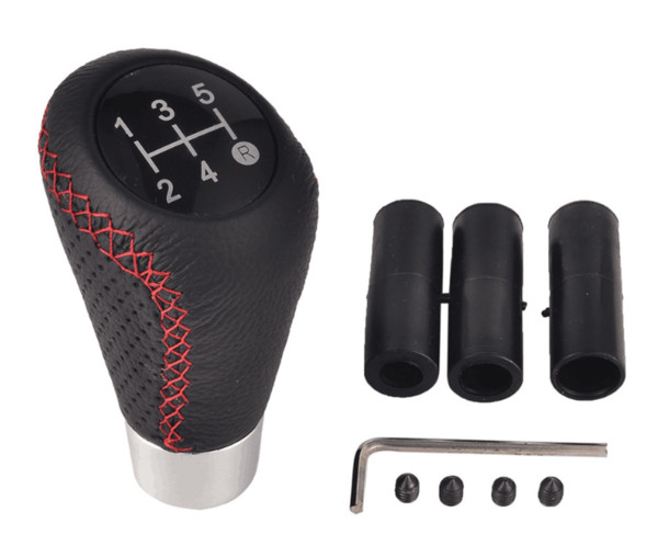 5 Speed Black&Red Line Leather Aluminum Manual Car Gear Shift Knob Shifter Lever