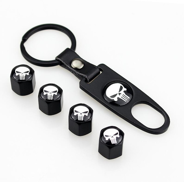 Leather Buckle Wrench Tire Valve Caps 4pcs caps+1pcs Wrench for Skull Head Punisher symbol