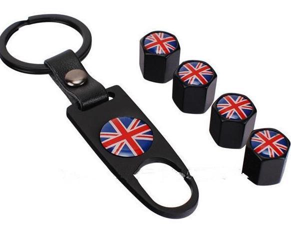 England Flag Leather Buckle key Ring & Tire Calve Cap Wheel Tire Valve Stem Valve Cap Cover Cover Air Dust Cap EEA138