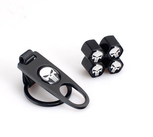 New High Quality Car Wheel Tyre Tire Stem Air Valve Caps Key Chain Punisher Skull Black Car Styling Caps