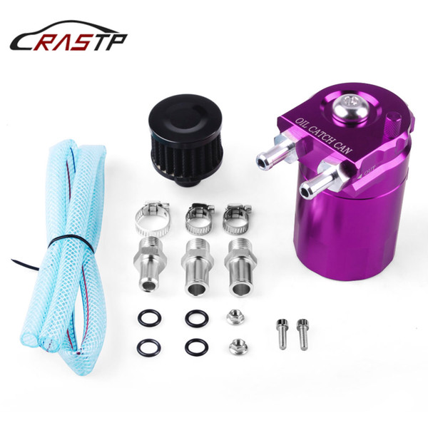 RASTP-Car Polished Oil Reservoir Catch Can Tank With 10mm/15mm Fittings and Oil Dipstick Breather Filter RS-OCC009