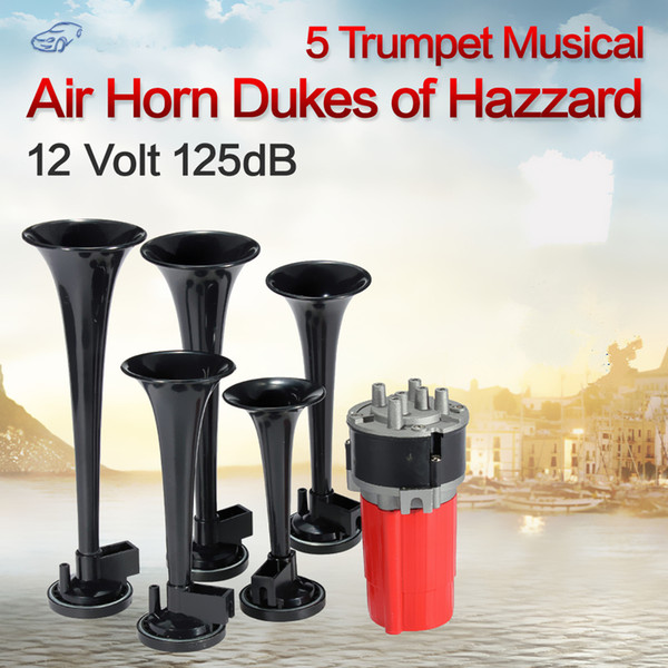 5Pcs/set Universal 125DB Black Trumpet Musical Dixie Car Duke of Hazzard + Compressor 12V Car Air Horn AUP_40O