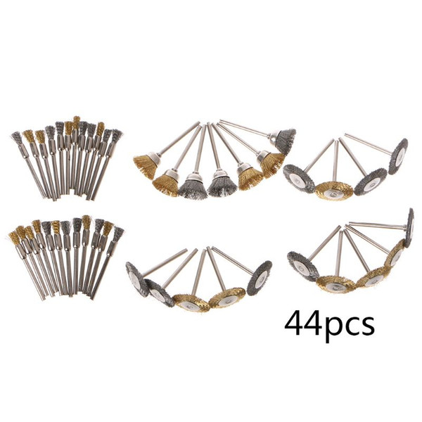 44 Pieces Mini Wire Brush Wheel Cup Brass Steel Wire Brush Set 1/8inch (3mm) Shank For Power Dremel Rotary Tools Polishing Tools