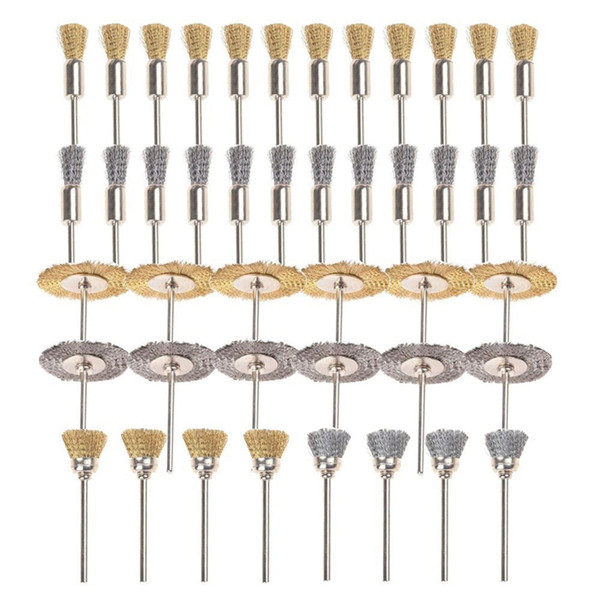New 44 Pieces Mini Wire Brush Wheel Cup Brass Steel Wire Brush Set 1/8inch (3mm) Shank For Power Dremel Rotary Tools Polishing B