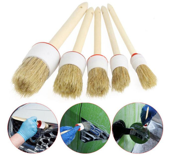 5Pcs/set Multifunction Natural Boar Hair Detailing Wheel Wood Handle Brushes for Cleaning Dash Trim Seats