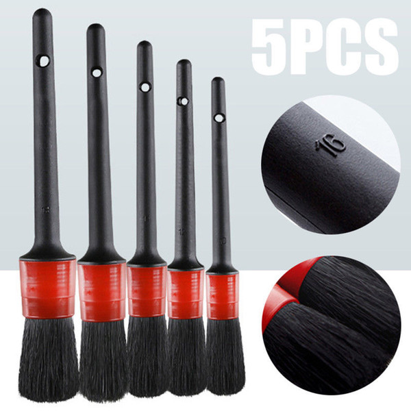 5Pcs/set Soft Boar Hair Brushes Car SUV Detailing Wheel Wood Handle for Cleaning Dash Trim Seats