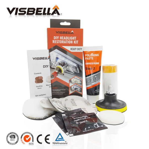 Visbella Headlight Restoration Kit DIY Headlamp Brightener Car Care Repair kit Head Lamp Light Lense Clean Polish by machine