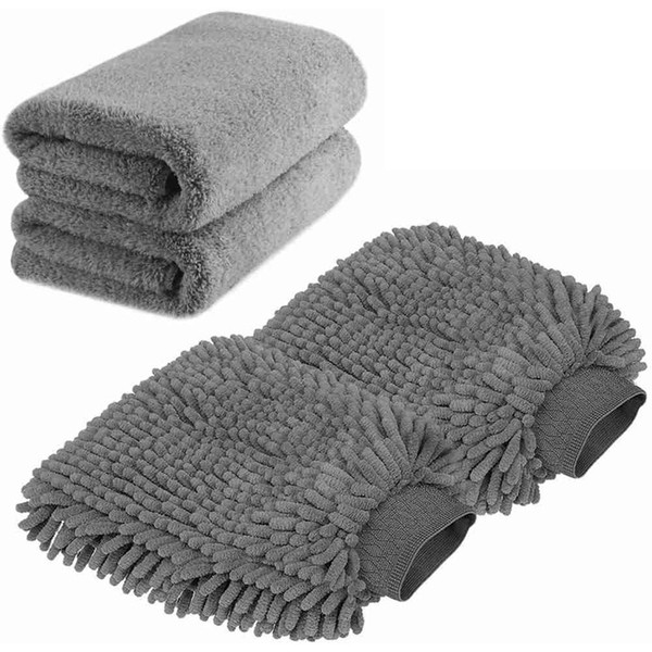 Large Size Car Wash Mi- Chenille Microfiber Wash Glove and Microfiber Towels - Lint Free - Scratch Free (2X Towels +